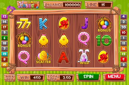 Vector Interface slot machine in cartoon wooden style for Easter holiday. Complete menu of graphical user interface and and full set of buttons and icons for classic casino games creation