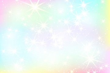 Fototapeta na wymiar Unicorn rainbow background. Holographic sky in pastel color. Bright mermaid pattern in princess colors. Vector illustration. Fantasy gradient colorful backdrop with rainbow mesh.