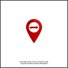 Map pointer icon with illustration car. Positioning car on white isolated background.
