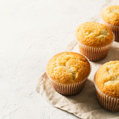 Homemade tasty miffins on white background