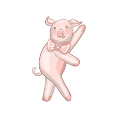 funny dancing pig with a bow
