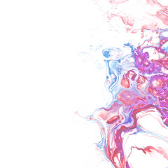 Very nice texture background. Blue paint flows in purple and pink on white background. The style includes marble swirls or agate ripples with bubbles and cages.