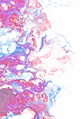 Very nice texture background. Blue paint flows in purple and pink on white background. The style includes marble swirls or agate ripples with bubbles and cages.