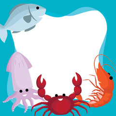 vector border and frame of doodle cute cartoon seafood, fish, crab, squid and shrimp on blue background.