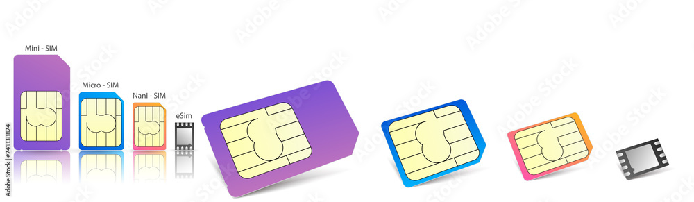 Fototapete Realistic sim cards icon set with different types mini micro and nano sim and eSim vector