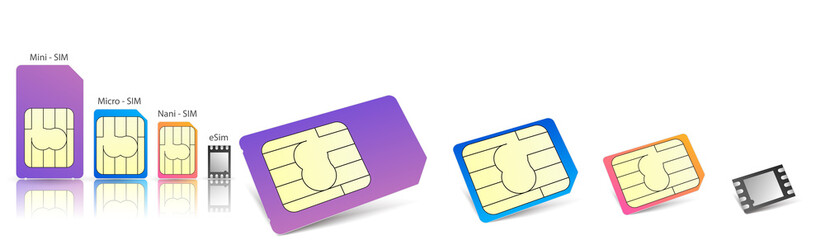 Realistic sim cards icon set with different types mini micro and nano sim and eSim vector