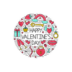 Happy Valentine's Day lettering. Set of valentine's day symbols enclosed in a circle shape. Valentines day icons. Symbols of love - heart, arrow, valentine, gift, lips, rose, ring, rainbow,glasses.