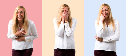 Set of Middle age blonde woman with white shirt smiling a lot