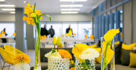 Yellow and White Flower Display for decor at corporate event