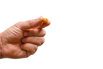 Human finger holding one hazelnut with isolated white background
