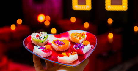 Soft Focus Valentines Day Heart Shaped Sushi Platter