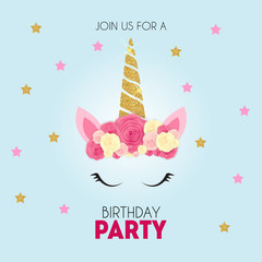 Birthday party invitation with cute unicorn and flower. Vector Illustration