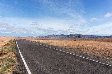 Lonely Road in the mountains. Fuerteventura. Canary Islands. Spain
