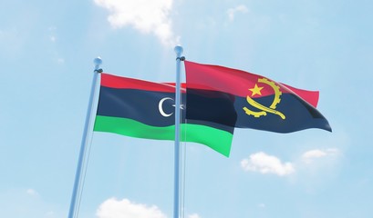 Libya and Angola, two flags waving against blue sky. 3d image