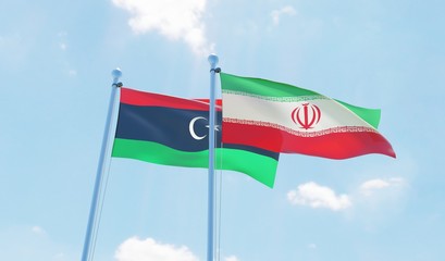 Libya and Iran, two flags waving against blue sky. 3d image
