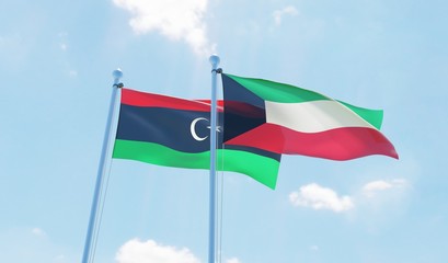 Libya and Kuwait, two flags waving against blue sky. 3d image