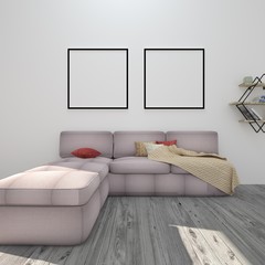 mock up poster frame in modern interior background, living room, Modern Style, 3D render