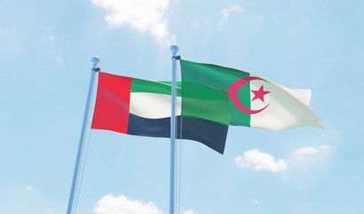 UAE and Algeria, two flags waving against blue sky. 3D image