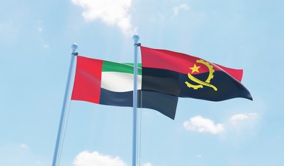 UAE and Angola, two flags waving against blue sky. 3D image