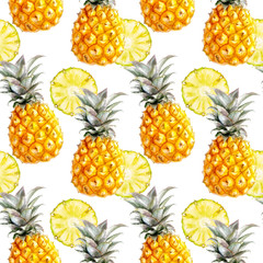 Pineapple seamless pattern. Pineapple fruit hand draw watercolor illustration.