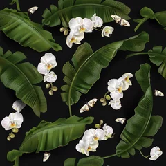 Foto op Plexiglas Orchidee Vectorpatroon met bananenbladeren en orchidee