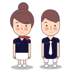 Kids in Professions. Cartoon Airplane cabin crew stewardess flight attendant. Design for childrens vector drawing illustration.