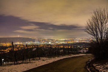 Germany, Magic night lights of stuttgart city from top of vineyard mountains
