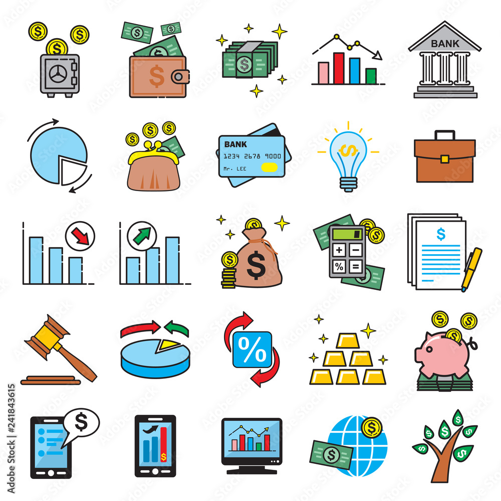Fototapete business and finance icons set on white background for graphic and web design, modern simple vector 