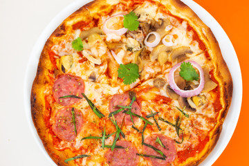 seafood and pepperoni pizza on thin crust