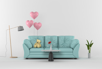 3D rendering of Studio with sofa and pink balloon.