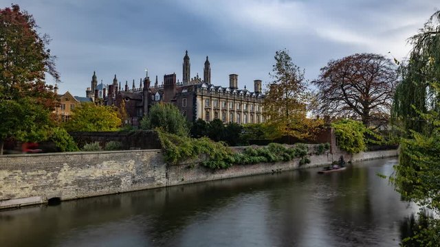Time lapse view of boats punting on the river Cam in Cambridge by Clare College