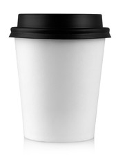Paper coffee cup with black lid isolated on white background