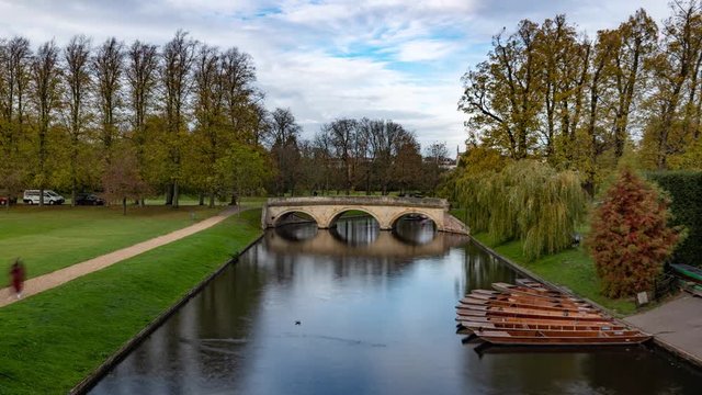 Time lapse view of boats punting on the river Cam in Cambridge