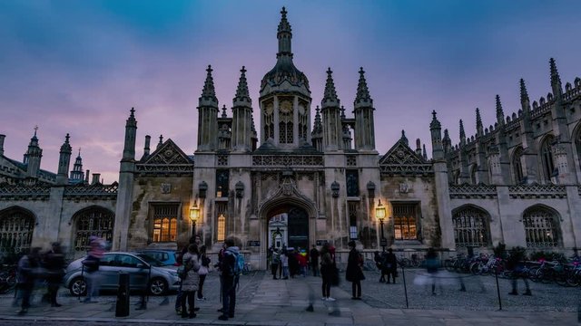 Time lapse view of the facade of St John's college in Cambridge at sunset