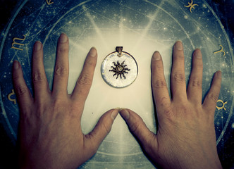 fortune teller over horoscope with zodiac wheel like concept of astrology and prediction 