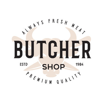 Butcher shop label badge emblem. Butchery store advertising design elements. Meat shop typography.