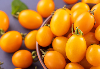 Fresh cherry tomatoes in a wooden bowl isolated on a blue background, close up, copy space