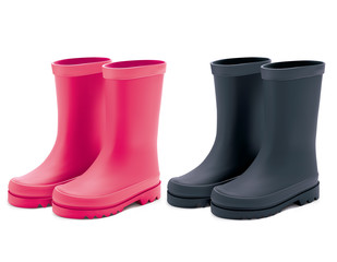 Waterproof rain rubber boots set. Realistic Vector 3d illustrati