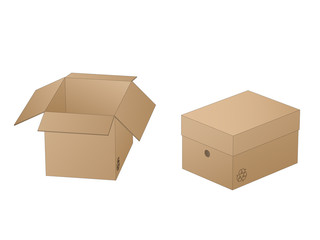 Two beautiful realistic brown carton paper boxes vector with outlines on white background.