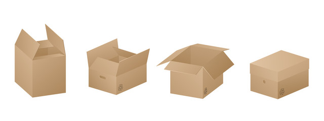 Vector collection of four beautiful realistic brown carton paper boxes on white background.