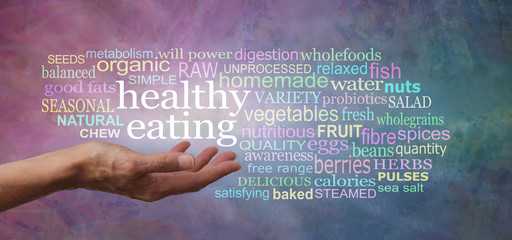 Healthy Eating Word tag Cloud - female hand palm up with the words HEALTHY EATING floating above...