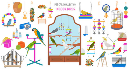 Pet appliance icon set flat style isolated on white. Birds care collection. Create own infographic about parrot, parakeet, canary, thrush, finch, jay bird, starling, amadina, siskin,  toucan, bunting
