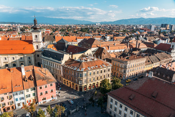Fototapeta na wymiar Aerial View Of Sibiu City Skyline In Romania