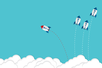 Think differently concept. Be different. Red rocket changing direction. New idea, change, trend, courage, creative solution, innovation and unique way concept.