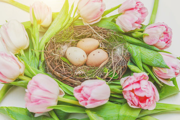 Spring greeting card. Easter eggs in nest with moss and pink fresh tulip flowers bouquet on rustic white wooden background. Easter concept. Flat lay top view copy space. Spring flowers tulips