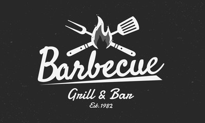 Barbecue vintage logo. Logo of Grill and Bar with fire, grill fork and spatula. BBQ logo template. Grunge texture. Vector illustration - obrazy, fototapety, plakaty