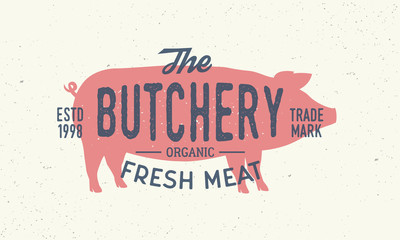 The Butchery logo, poster. Retro design typography. Pig silhouette. Vintage logo for butchery, meat shop. Vector illustration