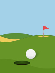 Golf background. Golf course with hole, ball and flag
