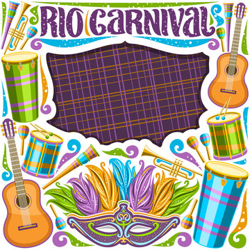 Vector frame for Rio Carnival with copy space, illustration of colorful fancy venetian mask, drums with drumsticks, layout for carnaval in Rio de Janeiro, lettering for words rio carnival on purple.
