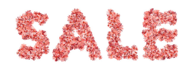 Word SALE filled with gentle coral flowers. Isolated design element for advertising.
